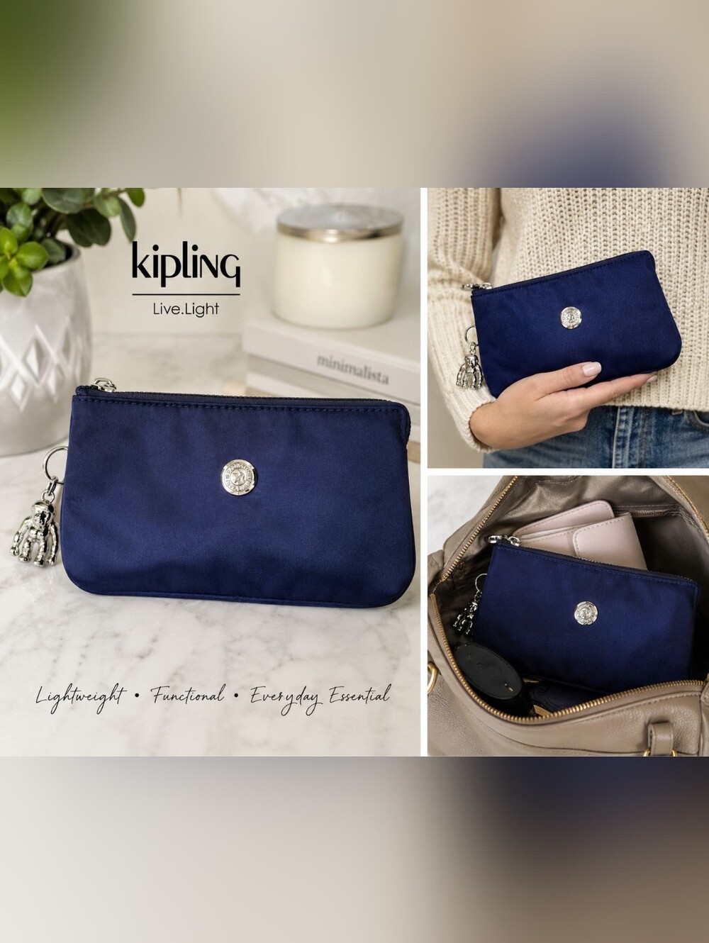 Kipling Live.Light Navy Zip Pouch Wallet with Monkey Charm